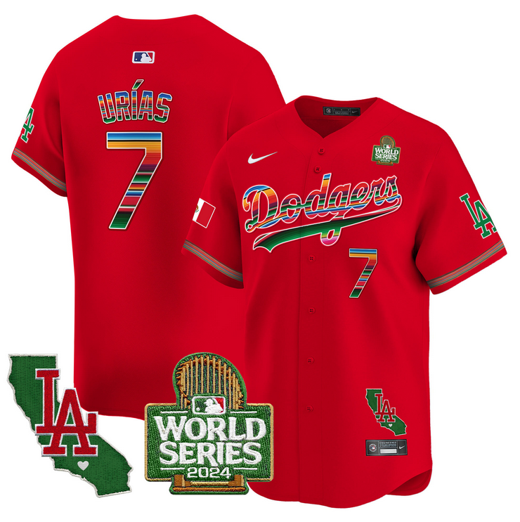 Men MLB Mexico Los Angeles Dodgers #7 Urias red 2024 World Series Champions Patch Jersey 2024110->los angeles dodgers->MLB Jersey